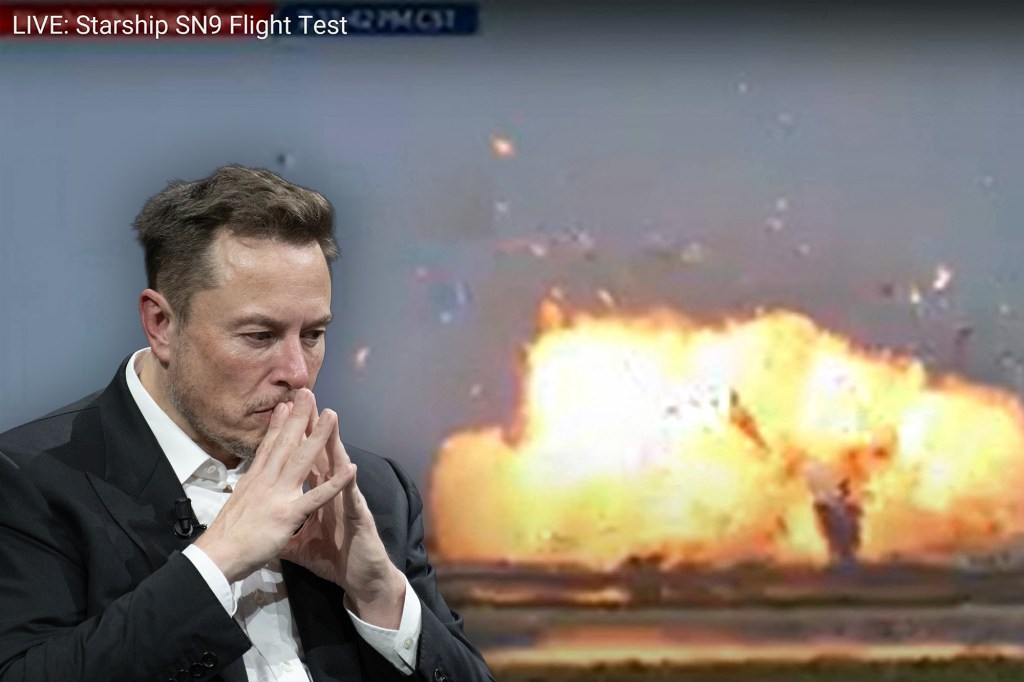 Elon Musk și explozia unei rachete SN9 lângă Boca Chica, Texas, 2 februarie 2021. Colaj: Ion Mateș / Hotnews. Foto: Dreamstime, AFP PHOTO / SpaceX