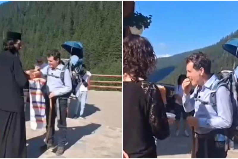 VIDEO Nicușor Dan a mers în pelerinaj la Mănăstirea Arsenie Boca. Starețul l-a primit cu pâine și sare