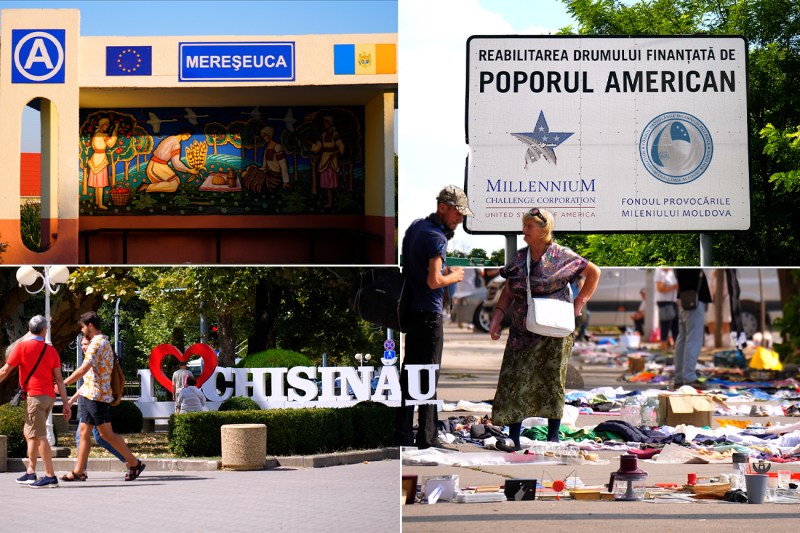 Stânga sus, orar: stație de autobuz renovată în satul Mereșeuca, panou de pe drumurile publice, talcioc improvizat pe stradă și zona Operei din Chișinău. Foto: Adi Iacob / Hotnews