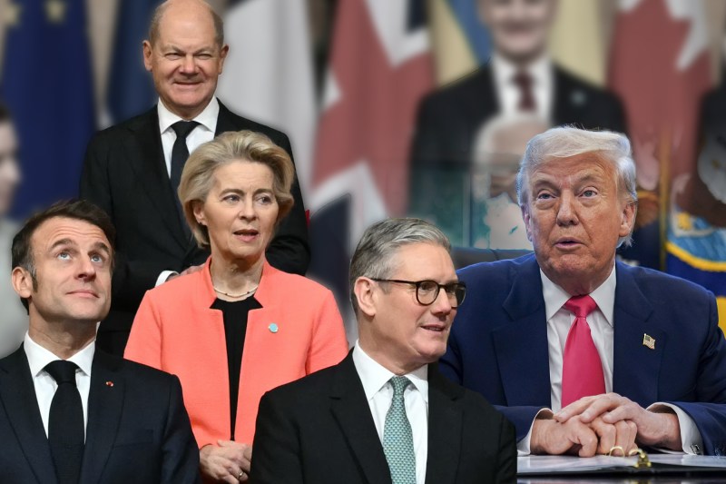 Emmanuel Macron, Friedrich Merz, Ursula von der Leyen, Keir Starmer și Donald Trump. Colaj: Ion Mateș / Hotnews. Foto: Profimedia