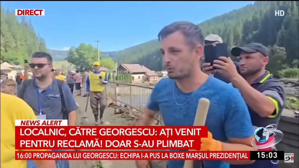Sebastian, din Broșteni, i-a reproșat lui Călin Georgescu că a venit doar pentru reclamă. Foto: captură Antena 3 CNN