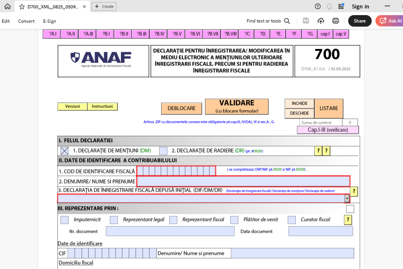 ANAF a publicat declarația 700 actualizată cu noul plafon la TVA, de 395.000 lei, majorat prin ordonanța 22/2025