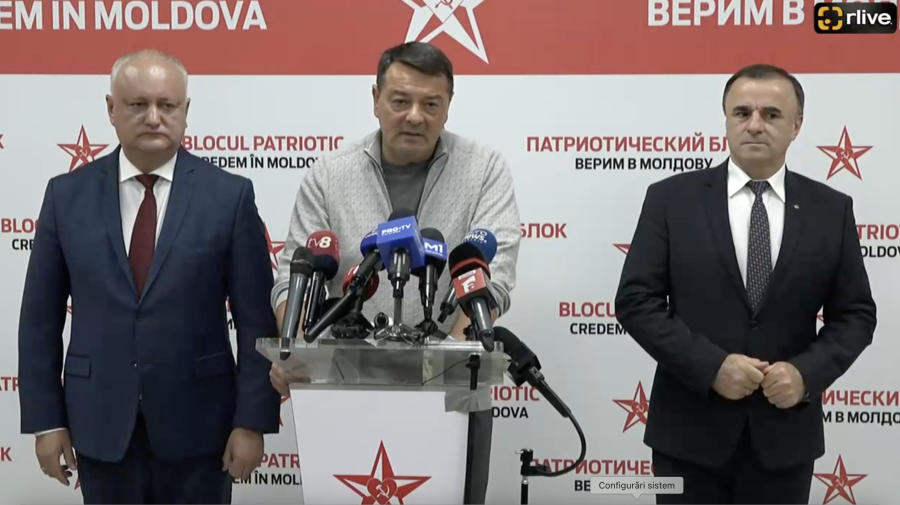 Constantin Starîș i-a însoțit la declarații Igor Dodon și pe Vasile Tarlev, liderul Partidului Viitorul Moldovei. Foto: captură Realitatea.md