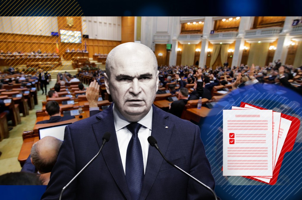Premierul Ilie Bolojan, în Parlament. Grafică: Hotnews