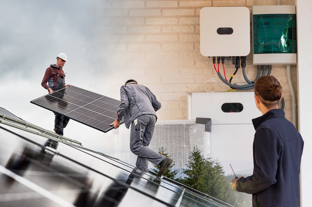 Baterii pentru stocarea energiei solare. Colaj: Ion Mateș / Hotnews. Foto: Shutterstock