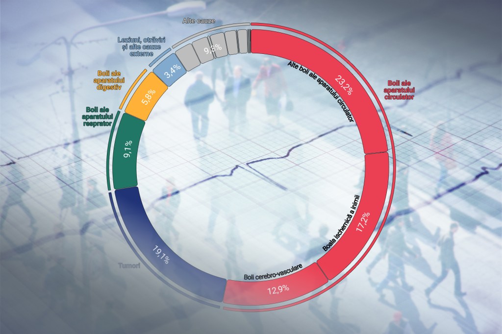 Principalele cauze de deces raportate la totalul deceselor din anul 2024 (%). Grafică: Edit Gyenge. Colaj: Ion Mateș. Foto: Dreamstime