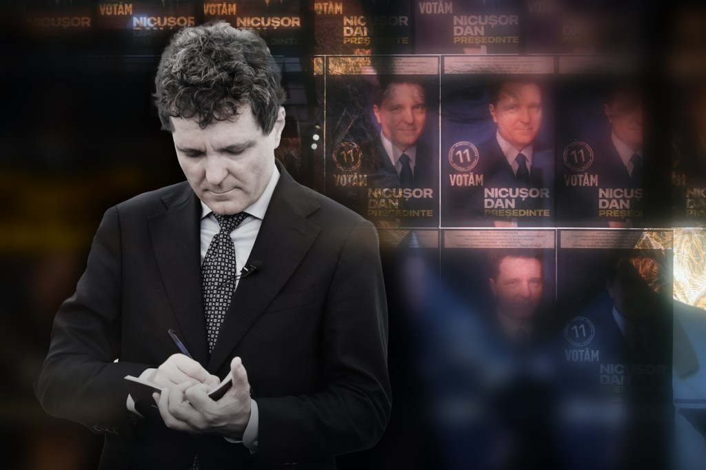 Nicușor Dan și afișul din campania electorală pentru prezidențiale. Colaj: Ion Mateș / Hotnews. Inquam Photos / George Călin