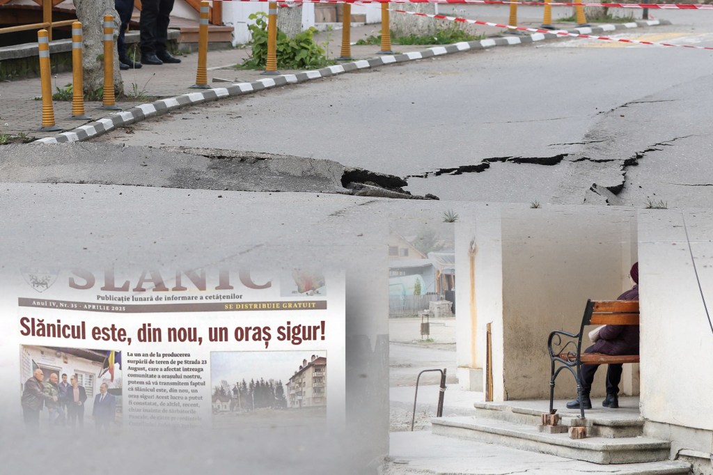 De sus, surparea străzii din Slănic, 26 aprilie 2024, Ziarul de Slănic și intrarea într-unul dintre blocurile afectate. Colaj: Hotnews. Foto principală: Inquam Photos / Sabin Cîrstoveanu