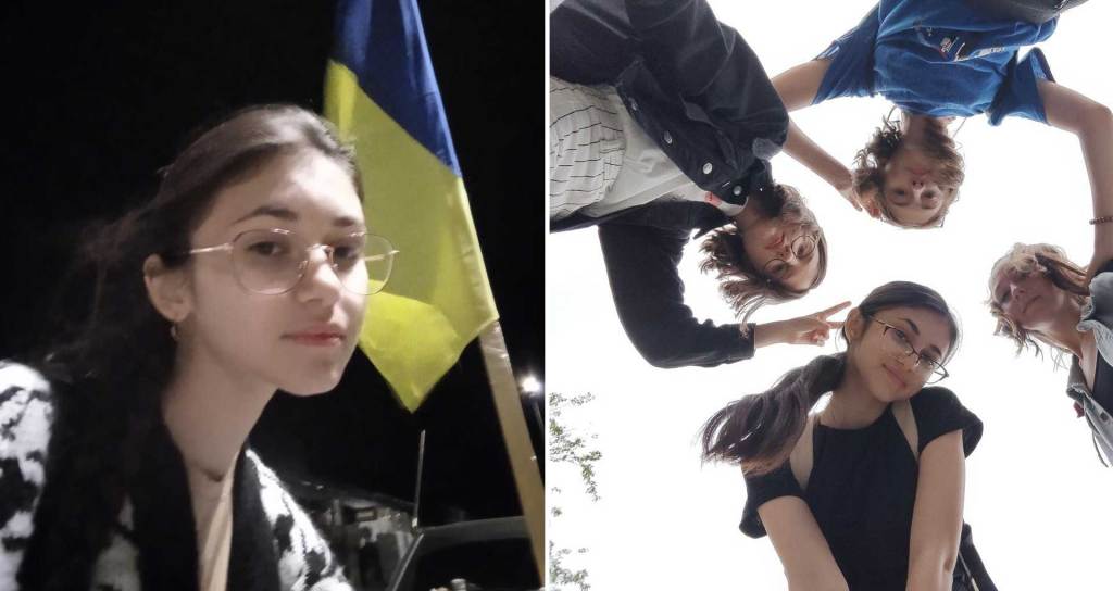 „Când ne-am evacuat spre Zaporojie, pe 5 septembrie 2022, eram atât de fericită să văd steaguri ucrainene, încât am făcut o fotografie”. În cea de-a doua imagine, Alexa, alături de prietenele sale în 2021. FOTO (colaj): Alieksandra Luchaieva