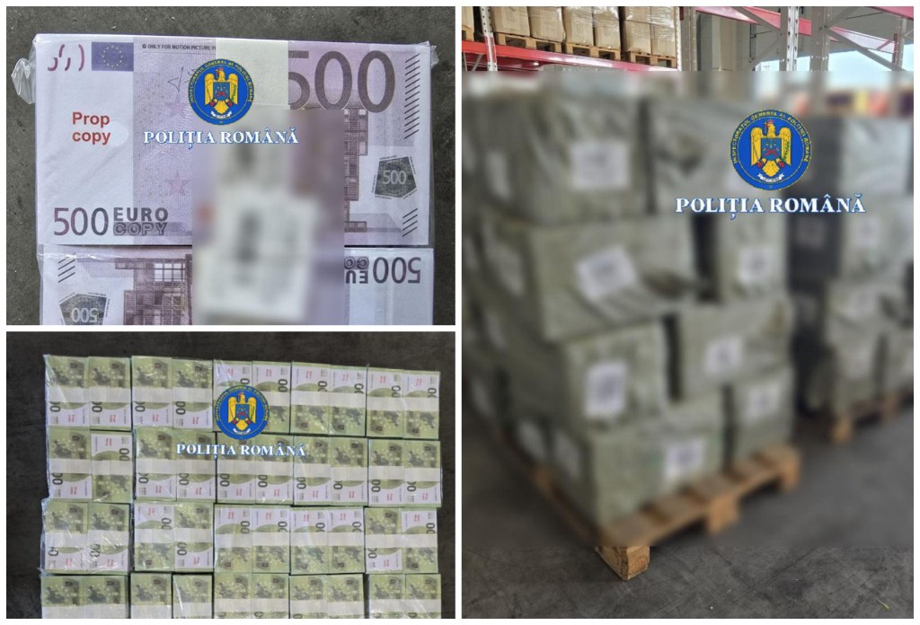Imagini cu bancnotele false capturate în Portul Constanța. Foto: Poliția Română