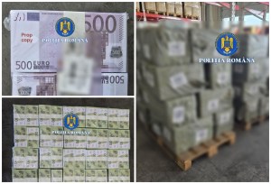 Imagini cu bancnotele false capturate în Portul Constanța. Foto: Poliția Română