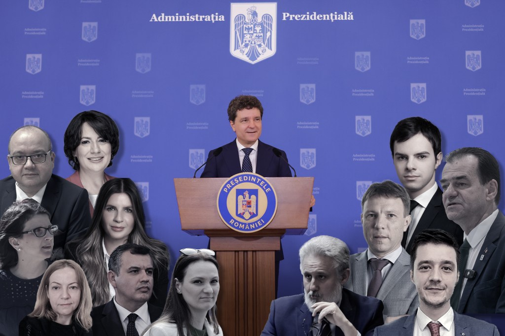 O parte dintre consilierii președintelui Nicușor Dan. De la stânga, sus: Valentin Naumescu, Ramona Dinu, Diana Iancu, Ana-Maria Geană, Ștefania SImion, Eugen Tomac, Diana Pungă, Marius Lazurca, Andrei Popovici, Alexandru Ciurea (sus), Ludovic Orban și Cosmin Soare Filatov. Colaj: Ion Mateș. Fotografie principală: Inquam Photos / George Călin