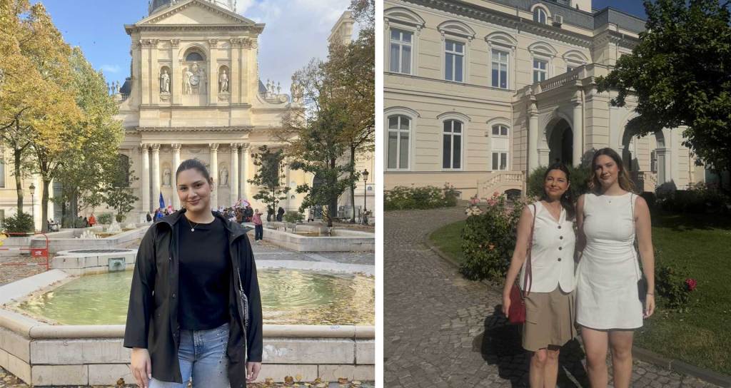 Maria-Sophia Giumerca, alături de mama sa, Livia Dilă, la Paris în fața Universității Sorbona. FOTO: Arhiva personală