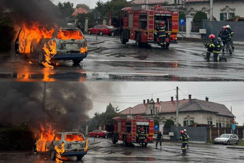 VIDEO O mașină mistuită de flăcări se deplasează pe o stradă din Sibiu până se oprește într-un indicator rutier