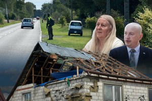 Casa avariată din Wyryki, primărița comunei Dębowa Kłoda și primarul din Wyryki. Foto: Adelina Mărăcine / Hotnews. Colaj: Ion Mateș / Hotnews.