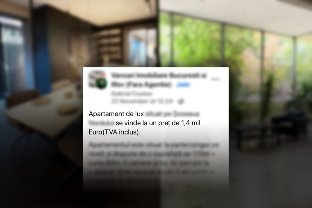 Anunțul de vânzare al apartamentului. Foto: Facebook. Colaj: Ion Mateș / Hotnews