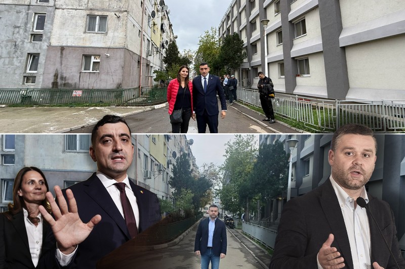 George Simion, Anca Alexandrescu și Ciprian Ciucu în fața blocurilor din Sectorul 6. Colaj: Ion Mateș. Foto: Facebook, Inquam Photos, Profimedia