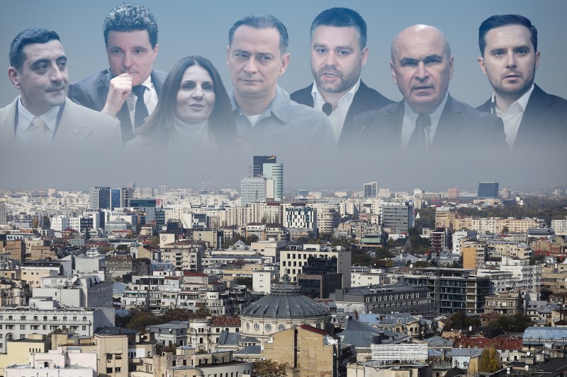 Stânga: George Simion, Nicușor Dan, Daniel Băluță, Anca Alexandrescu, Ciprian Ciucu, Ilie Bolojan și Stelian Bujduveanu. Foto: Inquam Photos, Dreamstime. Colaj: Ion Mateș