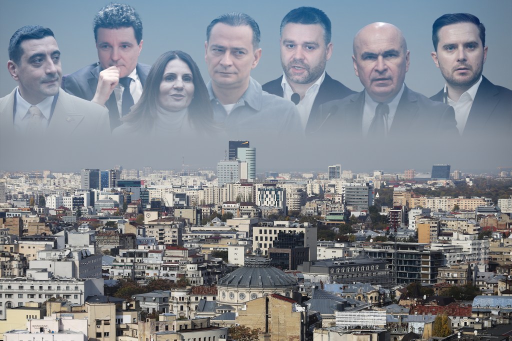 Stânga: George Simion, Nicușor Dan, Daniel Băluță, Anca Alexandrescu, Ciprian Ciucu, Ilie Bolojan și Stelian Bujduveanu. Foto: Inquam Photos, Dreamstime. Colaj: Ion Mateș