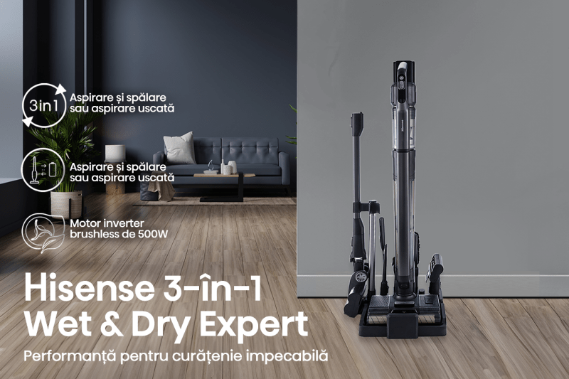 Un singur aparat de curățat pentru întreaga casă: Hisense 3-în-1 Wet & Dry ExpertTehnologie 3-în-1, autonomie extinsă și funcții inteligente pentru o locuință curățată mai eficient