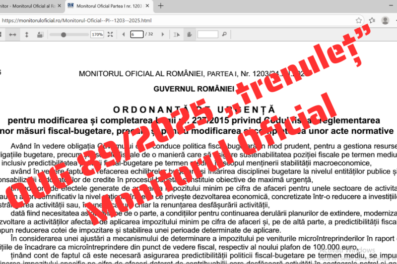 Noua impozitare pe micro 2026 și scăderea sumei neimpozabile la salariul minim, în Monitorul Oficial. Descarcă OUG 89/2025-„trenuleț”