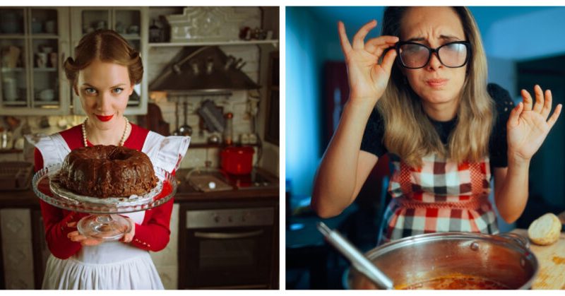 Film vs. realitate: tortul perfect și rujul intact vs. ochelarii aburiți și oala care fierbe. Spoiler: una e pentru poze, cealaltă pentru viața de zi cu zi. FOTO: Shutterstock