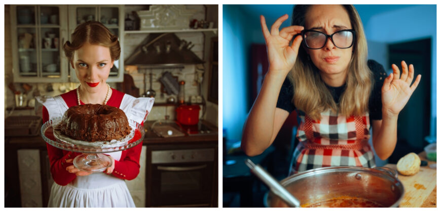 Film vs. realitate: tortul perfect și rujul intact vs. ochelarii aburiți și oala care fierbe. Spoiler: una e pentru poze, cealaltă pentru viața de zi cu zi. FOTO: Shutterstock