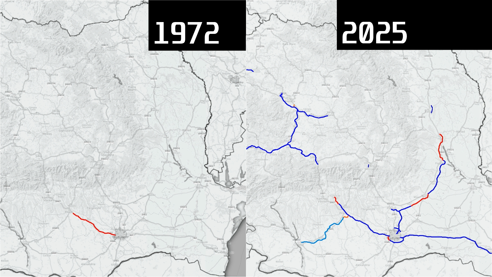 ANIMAȚIE Rețeaua de autostrăzi a României. Cum arată pe hartă inaugurările din fiecare an: de la comunism, la accelerarea de după aderarea la UE
