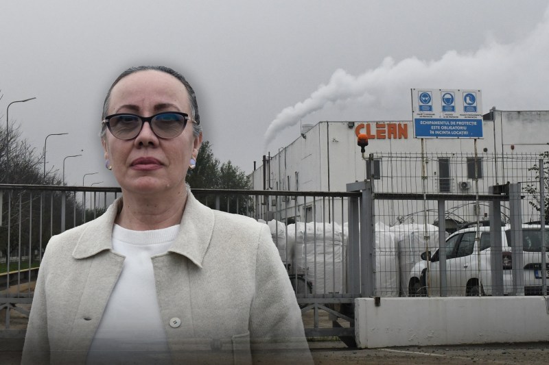 Dorina Milea, fondatoarea AER Muntenia și intrarea în fabrica Clean Tech din Ciulnița. Fotografii de Adina Florea. Colaj: Ion Mateș / Hotnews