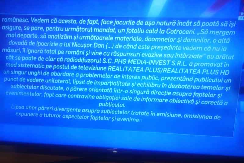 Realitatea Plus și-a suspendat emisia trei ore, potrivit sancțiunii CNA. Programul a continuat pe canalul de YouTube