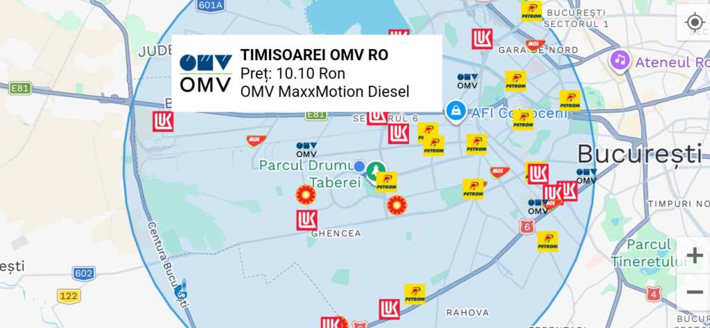 Captură foto din aplicația Monitorul Prețurilor Carburanților