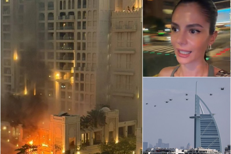 Stânga: Hotelul Fairmont, după ce o dronă iraniană a explocat. Dreapta sus: Daniela Dobrică / Dreapta jos: Mai multe elicoptere survolează cerul Dubaiului, duminică, după ce Iranul a lansat riposta la atacul SUA-Israel