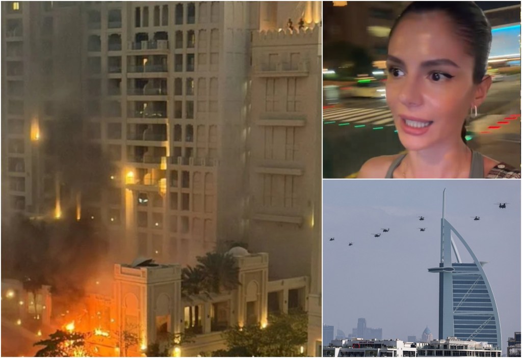 Stânga: Hotelul Fairmont, după ce o dronă iraniană a explocat. Dreapta sus: Daniela Dobrică / Dreapta jos: Mai multe elicoptere survolează cerul Dubaiului, duminică, după ce Iranul a lansat riposta la atacul SUA-Israel
