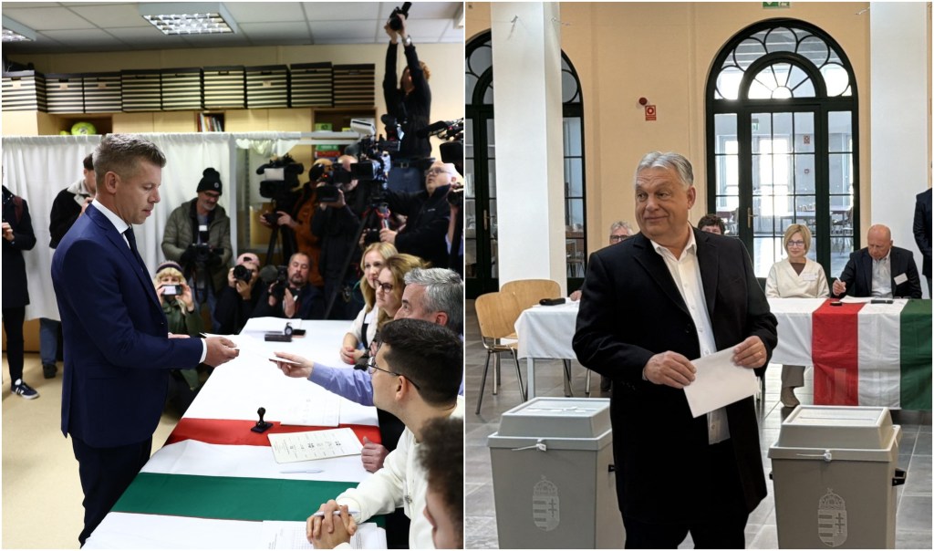 Peter Magyar și Viktor Orban, după ce au votat la alegerile din Ungaria, scrutin ce decide direcția țării Foto: Profimedia