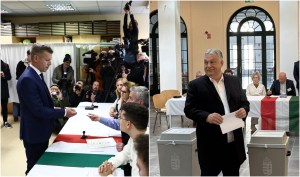 Peter Magyar și Viktor Orban, după ce au votat la alegerile din Ungaria, scrutin ce decide direcția țării Foto: Profimedia