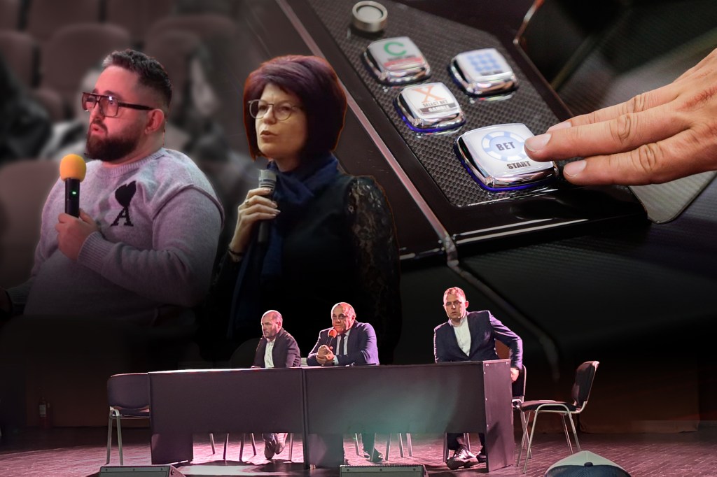 Locuitori din orașul Drăgășani, la dezbaterea despre închiderea sălilor cu jocuri de noroc Foto: HotNews / Colaj Ion Mateș