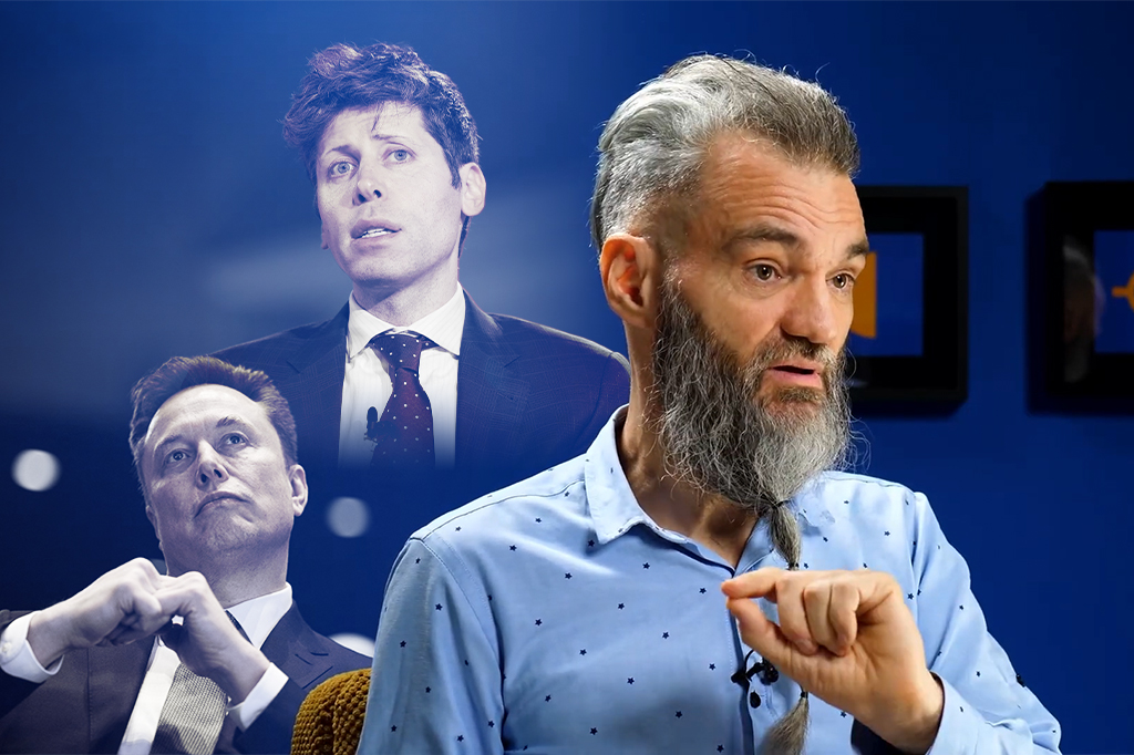 Răzvan Rughiniș, în dreapta, Sam Altman, sus și Elon Musk. Foto: HotNews, Profimedia. Colaj: Ion Mateș / HotNews