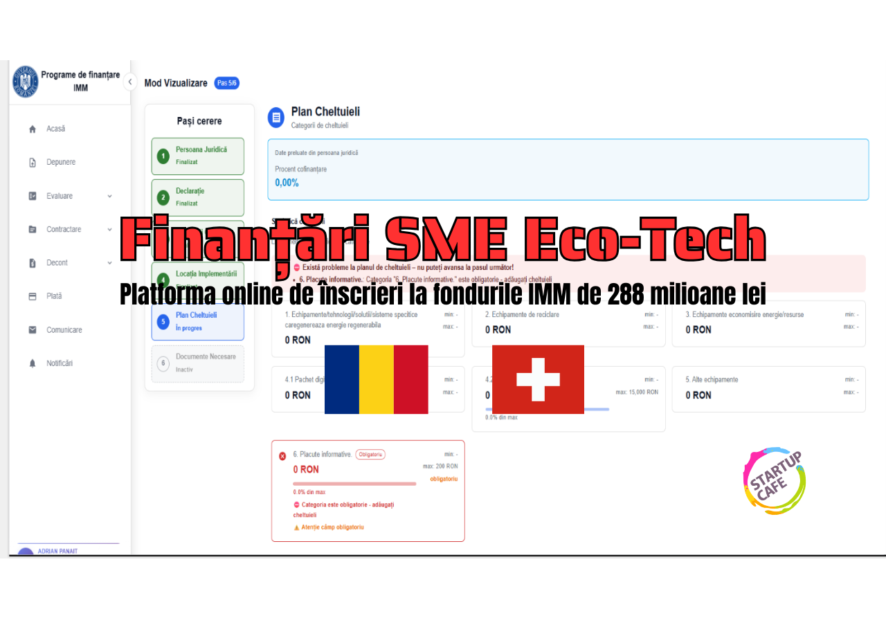 FOTO. Cum arată platforma online prin care firmele românești vor depune cererile în programul de fonduri elvețiene SME Eco-Tech, cu buget total de 288 milioane lei