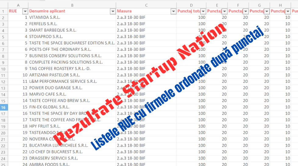 Rezultate Startup Nation: S-au publicat listele RUE cu firmele aplicante la finanțările de 50.000 EUR, în ordinea punctajelor obținute