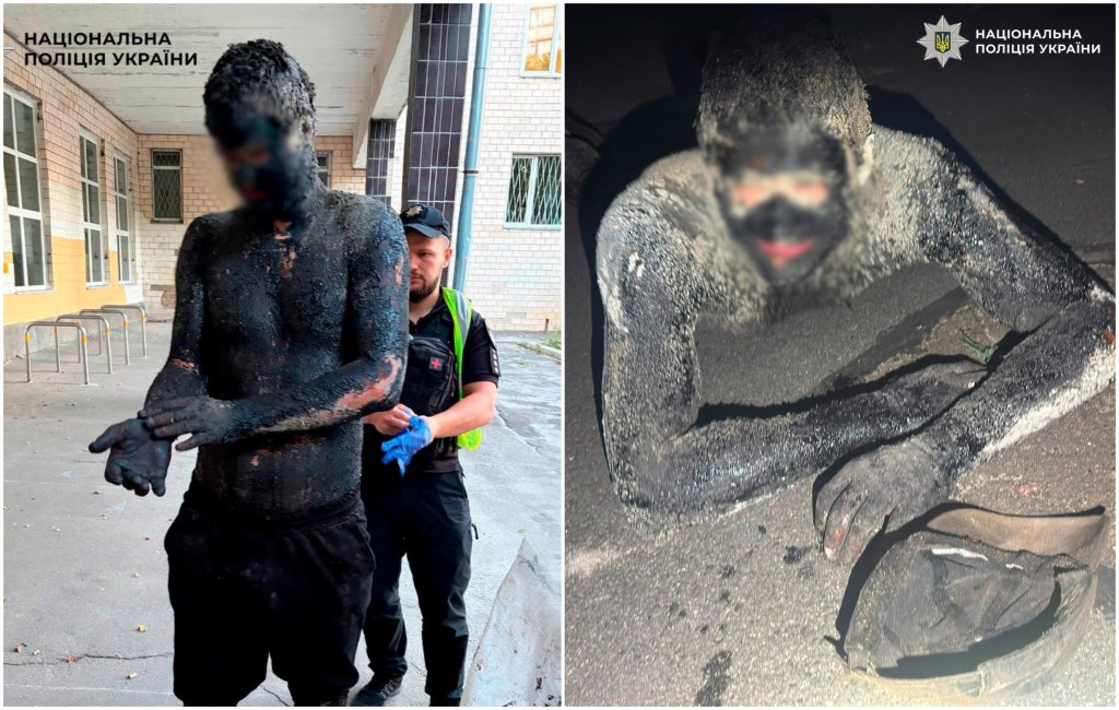 Un tânăr s-a uns cu smoală pentru a fi „invizibil” și a jefuit un magazin, în Kiev. „Polițiștii l-au curățat peste 5 ore”