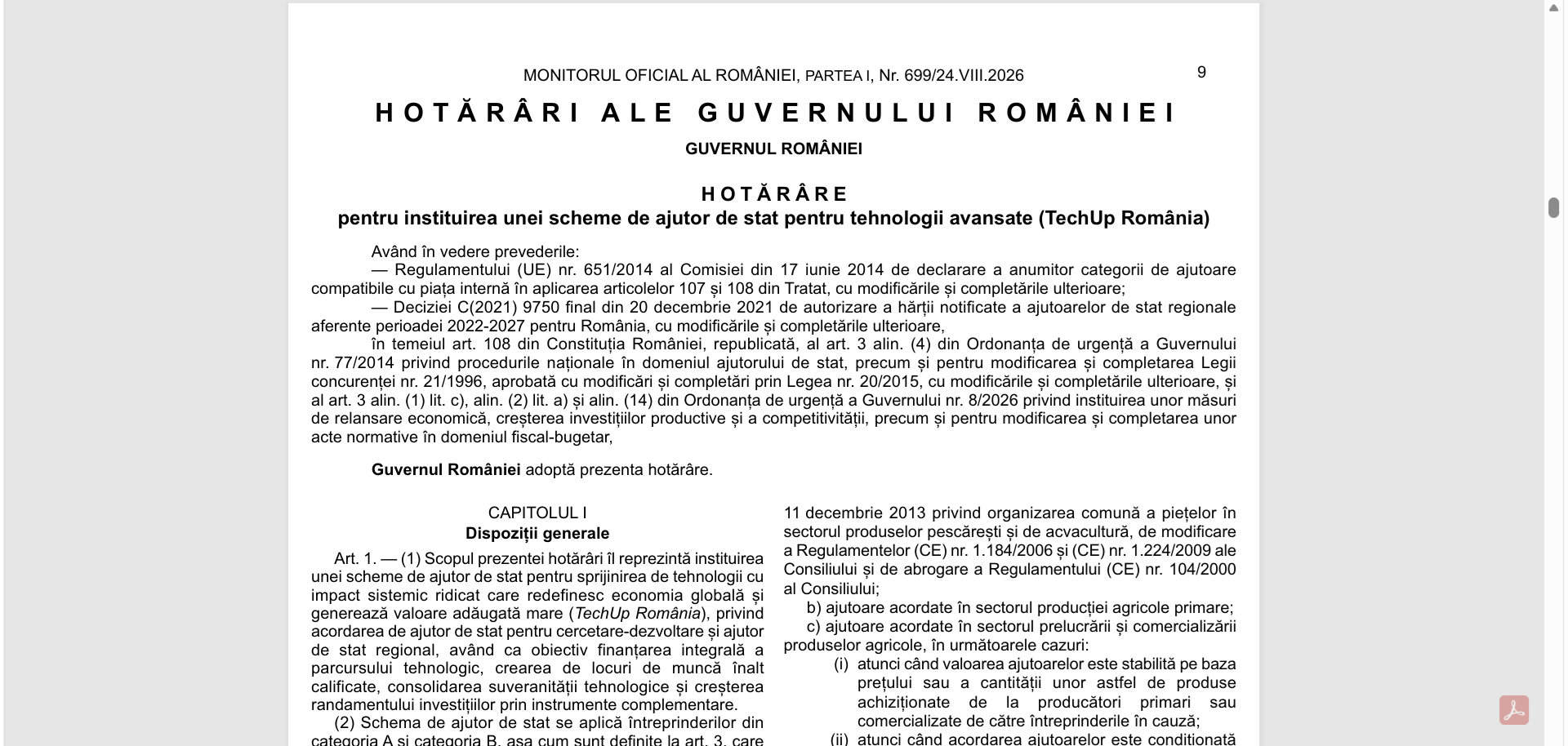 Programul TechUp România, cu ajutoare de 1 miliard EUR pentru firmele de tehnologie, publicat în Monitorul Oficial. Descarcă HG 643/2026