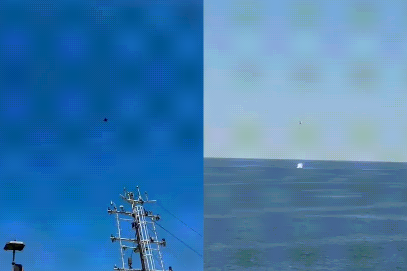 Momentul în care avionul F-16 trage în drona marină, care era încărcată cu explozibil, lângă platforma Neptun Deep. Imaginile publicate de MApN
