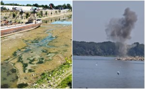 Stânga: Dunărea, la intrarea în țară. Foto: Apele Române / Dreapta: Mai multe explozii de test au avut loc în localității Izvoarele, unde se lucrează la devierea cursului Foto: captură Facebook